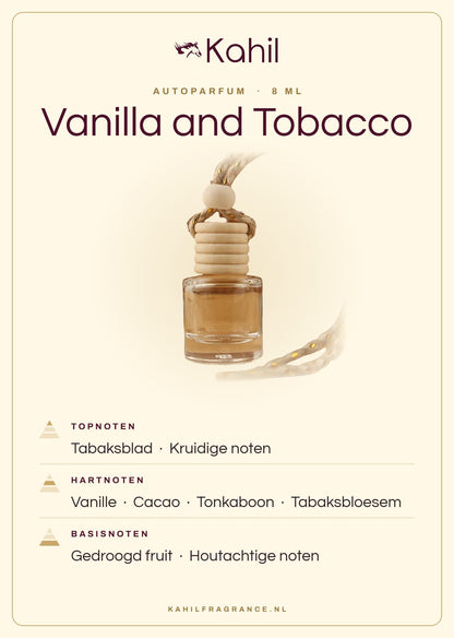 Fragrance notes of Kahil Vanilla and Tobacco car perfume: top notes tobacco leaf, spicy notes; heart notes vanilla, cacao, tonka bean, tobacco blossom; base notes dried fruits, woody notes