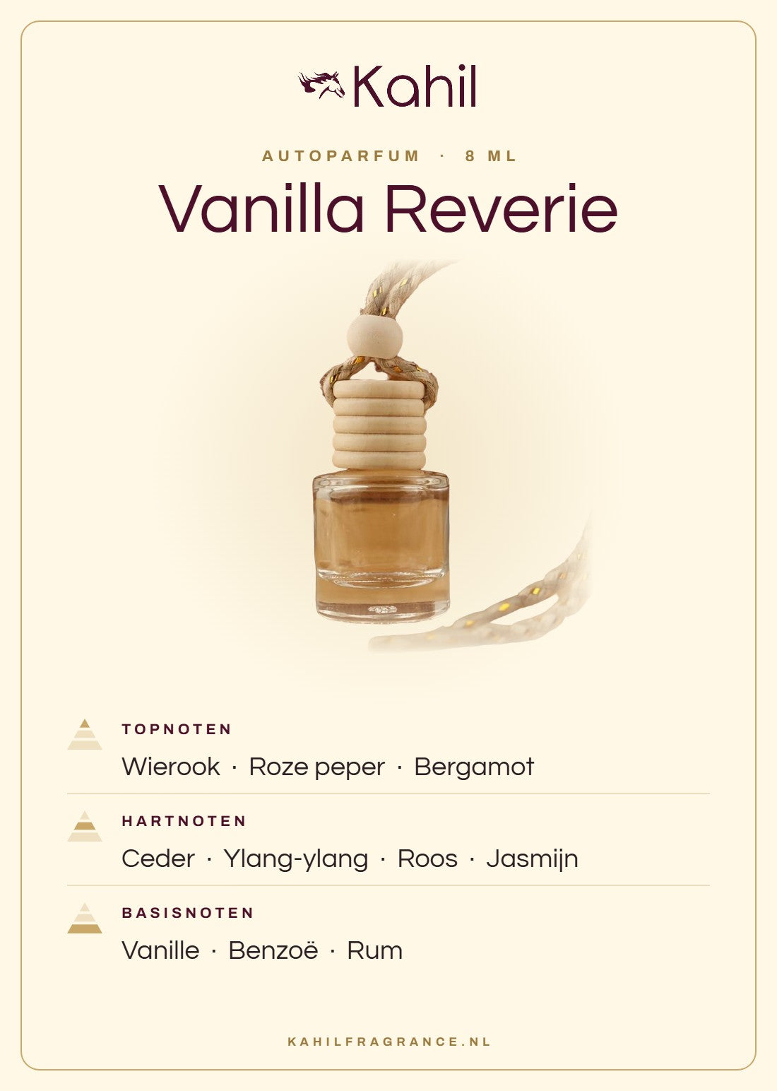Geurnoten van Kahil Vanilla Reverie autoparfum: topnoten wierook, roze peper, bergamot; hartnoten ceder, ylang-ylang, roos, jasmijn; basisnoten vanille, benzoë, rum