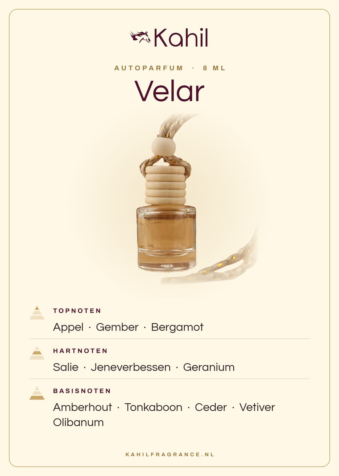 Geurnoten van Kahil Velar autoparfum: topnoten appel, gember, bergamot; hartnoten salie, jeneverbessen, geranium; basisnoten amberhout, tonkaboon, ceder, vetiver, olibanum