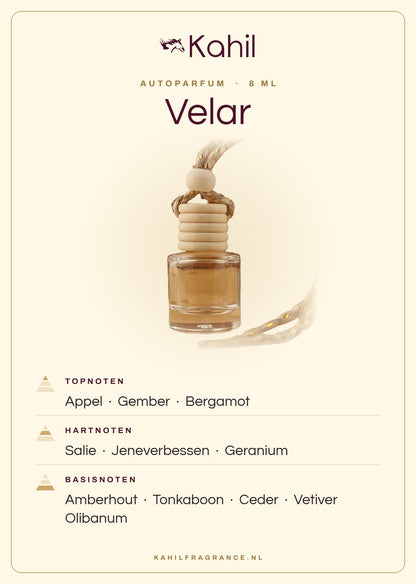 Geurnoten van Kahil Velar autoparfum: topnoten appel, gember, bergamot; hartnoten salie, jeneverbessen, geranium; basisnoten amberhout, tonkaboon, ceder, vetiver, olibanum