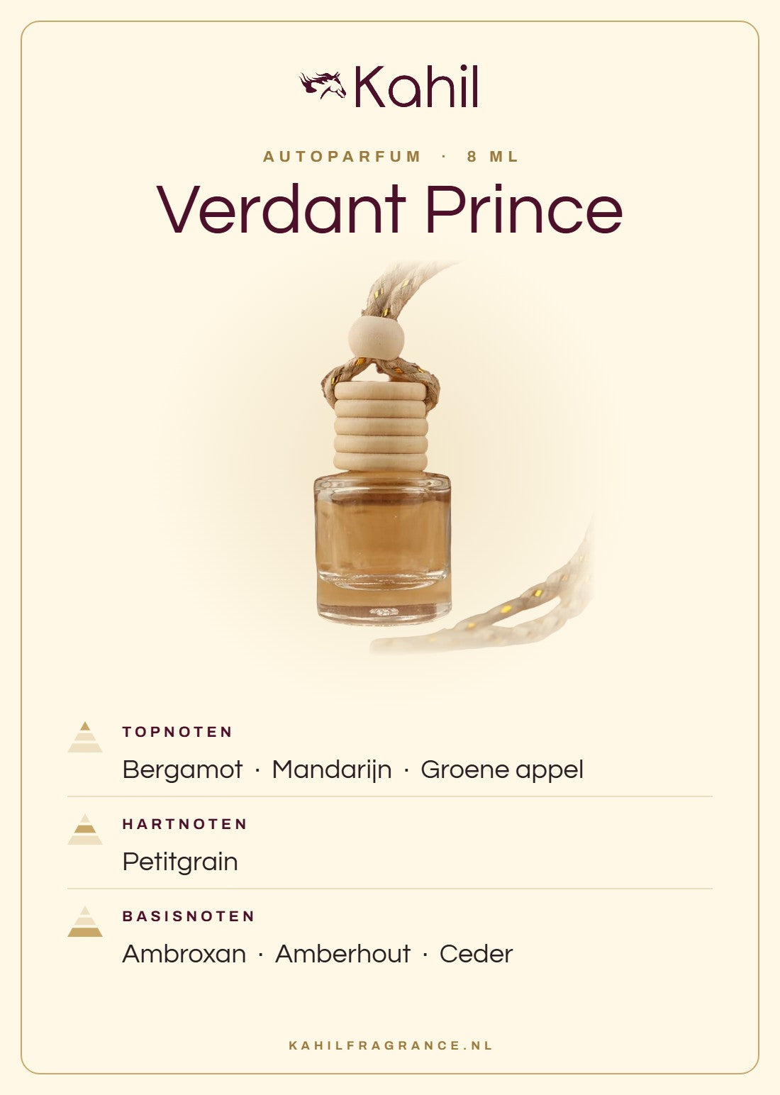 Geurnoten van Kahil Verdant Prince autoparfum: topnoten bergamot, mandarijn, groene appel; hartnoten petitgrain; basisnoten ambroxan, amberhout, ceder