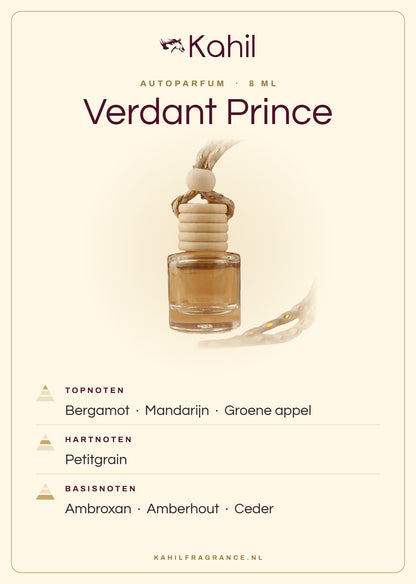 Geurnoten van Kahil Verdant Prince autoparfum: topnoten bergamot, mandarijn, groene appel; hartnoten petitgrain; basisnoten ambroxan, amberhout, ceder