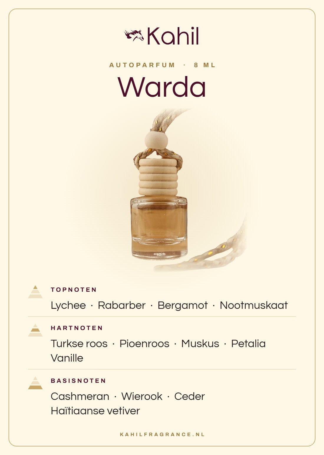 Geurnoten van Kahil Warda autoparfum: topnoten lychee, rabarber, bergamot, nootmuskaat; hartnoten Turkse roos, pioenroos, muskus, petalia, vanille; basisnoten cashmeran, wierook, ceder, Haïtiaanse vetiver