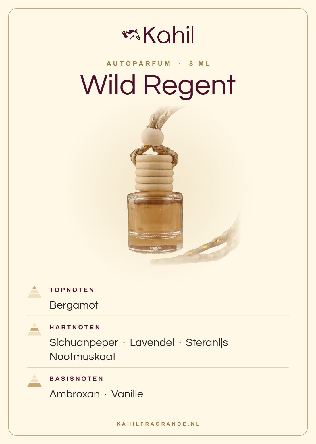 Geurnoten van Kahil Wild Regent autoparfum: topnoten bergamot; hartnoten sichuanpeper, lavendel, steranijs, nootmuskaat; basisnoten ambroxan, vanille