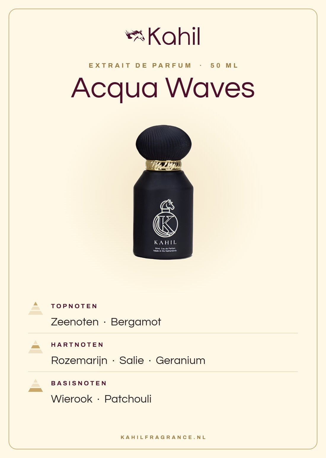 Geurnoten van Kahil Acqua Waves Extrait de Parfum 50 ml: topnoten zeenoten, bergamot; hartnoten rozemarijn, salie, geranium; basisnoten wierook, patchouli