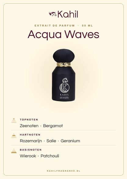 Geurnoten van Kahil Acqua Waves Extrait de Parfum 50 ml: topnoten zeenoten, bergamot; hartnoten rozemarijn, salie, geranium; basisnoten wierook, patchouli