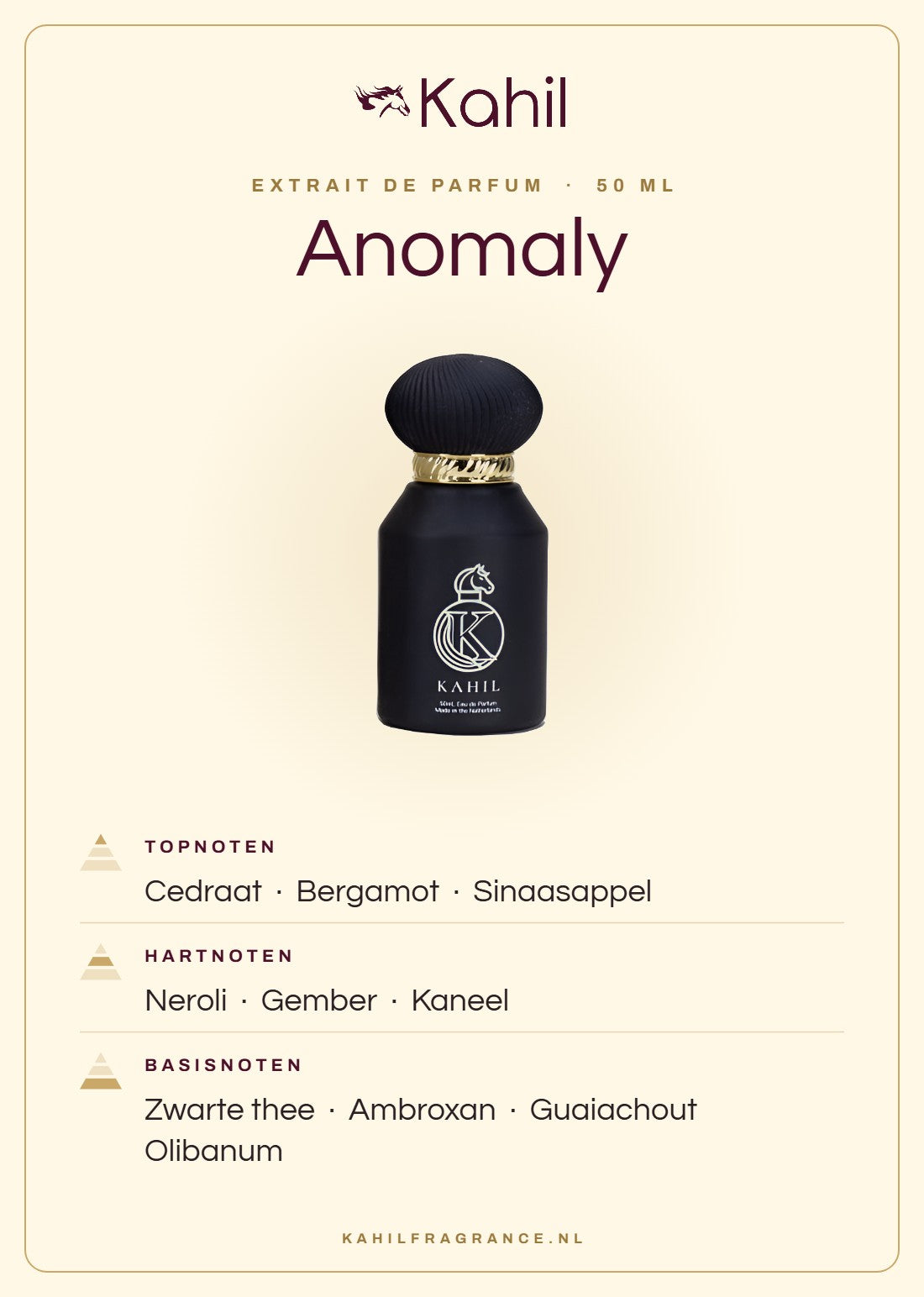 Duftnoten von Kahil Anomaly Extrait de Parfum 50 ml: Kopfnoten Zedrat, Bergamotte, Orange; Herznoten Neroli, Ingwer, Zimt; Basisnoten Schwarzer Tee, Ambroxan, Guajakholz, Olibanum