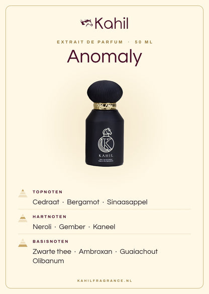 Duftnoten von Kahil Anomaly Extrait de Parfum 50 ml: Kopfnoten Zedrat, Bergamotte, Orange; Herznoten Neroli, Ingwer, Zimt; Basisnoten Schwarzer Tee, Ambroxan, Guajakholz, Olibanum