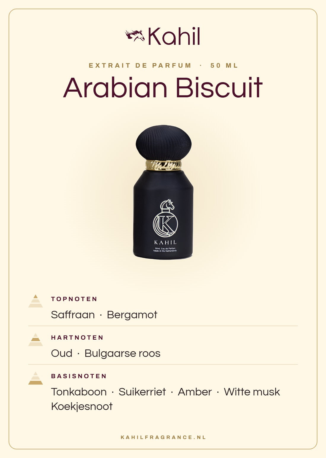Fragrance notes of Kahil Arabian Biscuit Extrait de Parfum 50 ml: top notes saffron, bergamot; heart notes oud, Bulgarian rose; base notes tonka bean, sugar cane, amber, white musk, biscuit accord