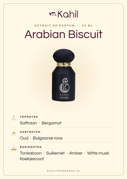 Fragrance notes of Kahil Arabian Biscuit Extrait de Parfum 50 ml: top notes saffron, bergamot; heart notes oud, Bulgarian rose; base notes tonka bean, sugar cane, amber, white musk, biscuit accord