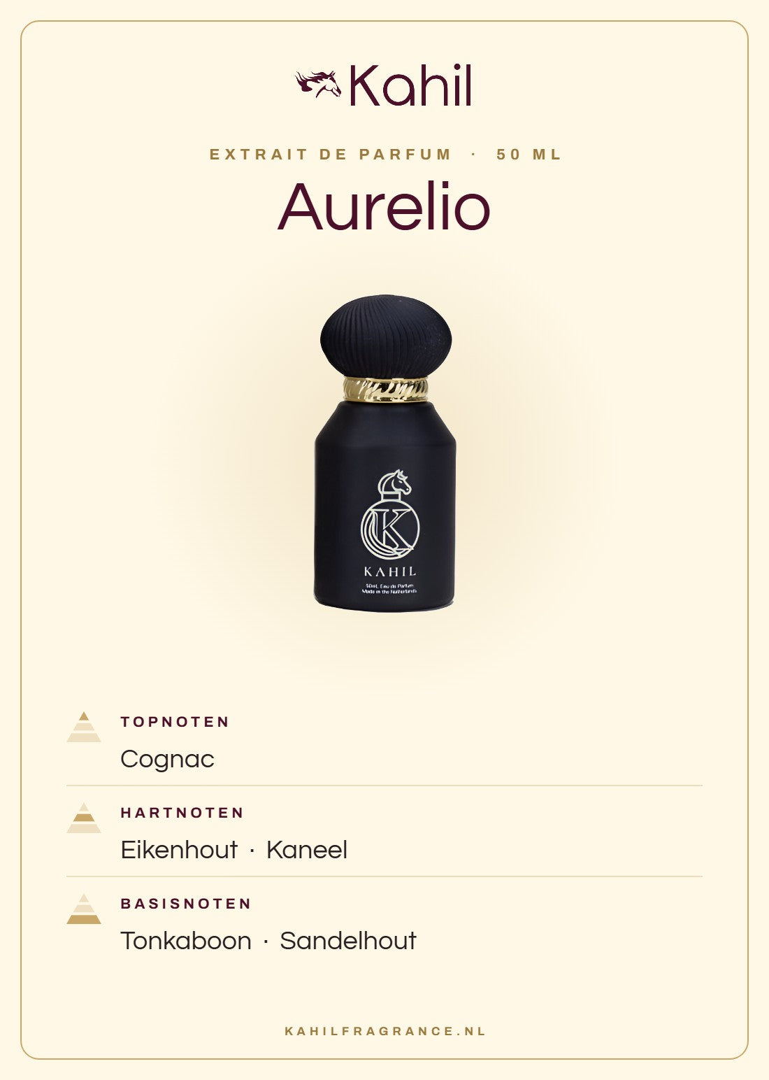 Geurnoten van Kahil Aurelio Extrait de Parfum 50 ml: topnoten cognac; hartnoten eikenhout, kaneel; basisnoten tonkaboon, sandelhout