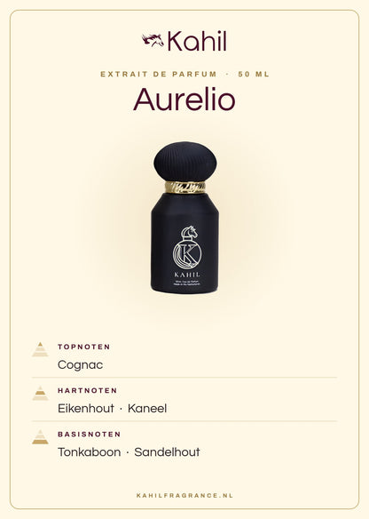 Geurnoten van Kahil Aurelio Extrait de Parfum 50 ml: topnoten cognac; hartnoten eikenhout, kaneel; basisnoten tonkaboon, sandelhout