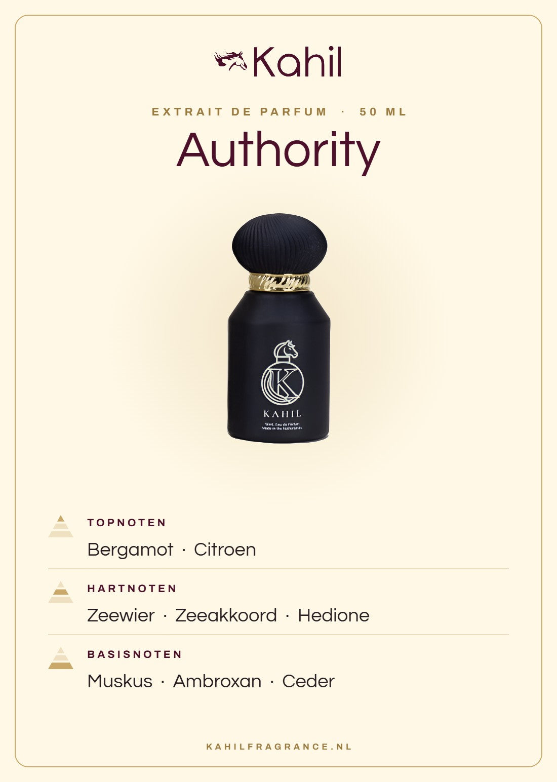 Fragrance notes of Kahil Authority Extrait de Parfum 50 ml: top notes bergamot, lemon; heart notes seaweed, marine accord, hedione; base notes musk, ambroxan, cedar