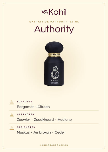 Fragrance notes of Kahil Authority Extrait de Parfum 50 ml: top notes bergamot, lemon; heart notes seaweed, marine accord, hedione; base notes musk, ambroxan, cedar