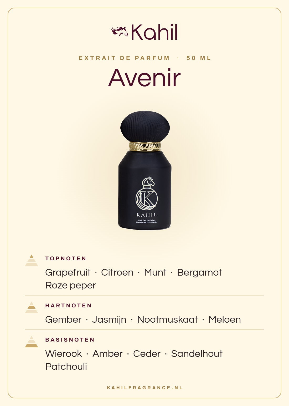 Geurnoten van Kahil Avenir Extrait de Parfum 50 ml: topnoten grapefruit, citroen, munt, bergamot, roze peper; hartnoten gember, jasmijn, nootmuskaat, meloen; basisnoten wierook, amber, ceder, sandelhout, patchouli