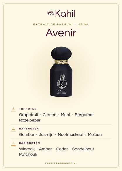 Geurnoten van Kahil Avenir Extrait de Parfum 50 ml: topnoten grapefruit, citroen, munt, bergamot, roze peper; hartnoten gember, jasmijn, nootmuskaat, meloen; basisnoten wierook, amber, ceder, sandelhout, patchouli