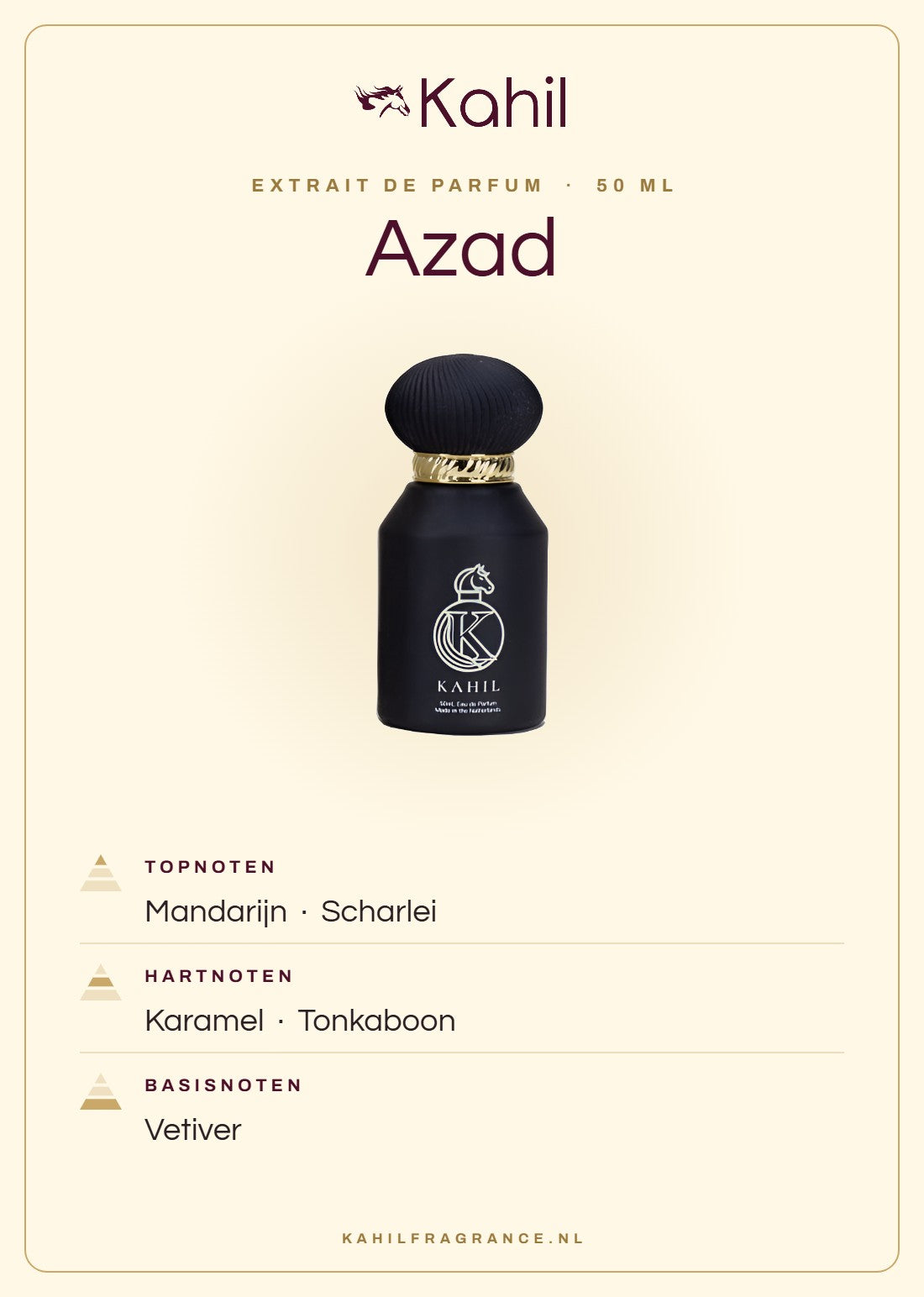Duftnoten von Kahil Azad Extrait de Parfum 50 ml: Kopfnoten Mandarine, Muskatellersalbei; Herznoten Karamell, Tonkabohne; Basisnoten Vetiver