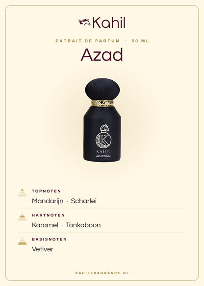 Duftnoten von Kahil Azad Extrait de Parfum 50 ml: Kopfnoten Mandarine, Muskatellersalbei; Herznoten Karamell, Tonkabohne; Basisnoten Vetiver