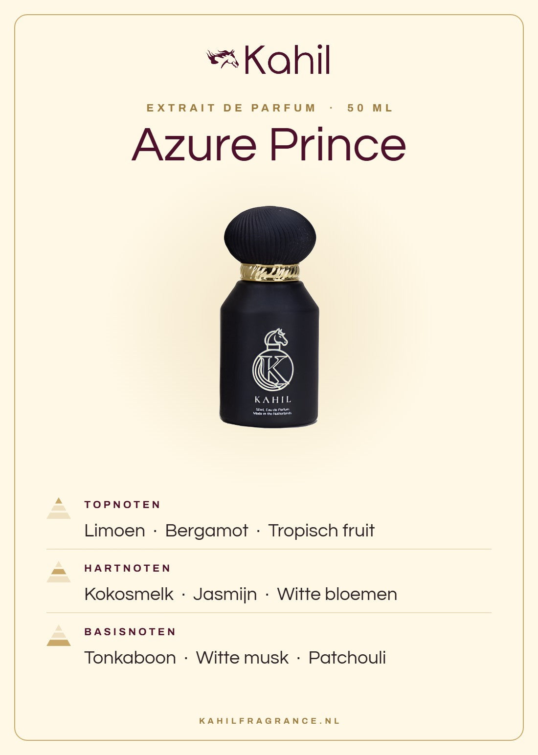 Duftnoten von Kahil Azure Prince Extrait de Parfum 50 ml: Kopfnoten Limette, Bergamotte, Tropische Früchte; Herznoten Kokosmilch, Jasmin, Weiße Blüten; Basisnoten Tonkabohne, Weißer Moschus, Patchouli