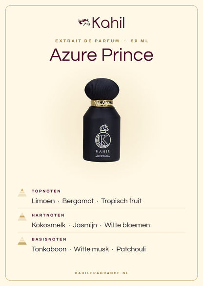 Duftnoten von Kahil Azure Prince Extrait de Parfum 50 ml: Kopfnoten Limette, Bergamotte, Tropische Früchte; Herznoten Kokosmilch, Jasmin, Weiße Blüten; Basisnoten Tonkabohne, Weißer Moschus, Patchouli