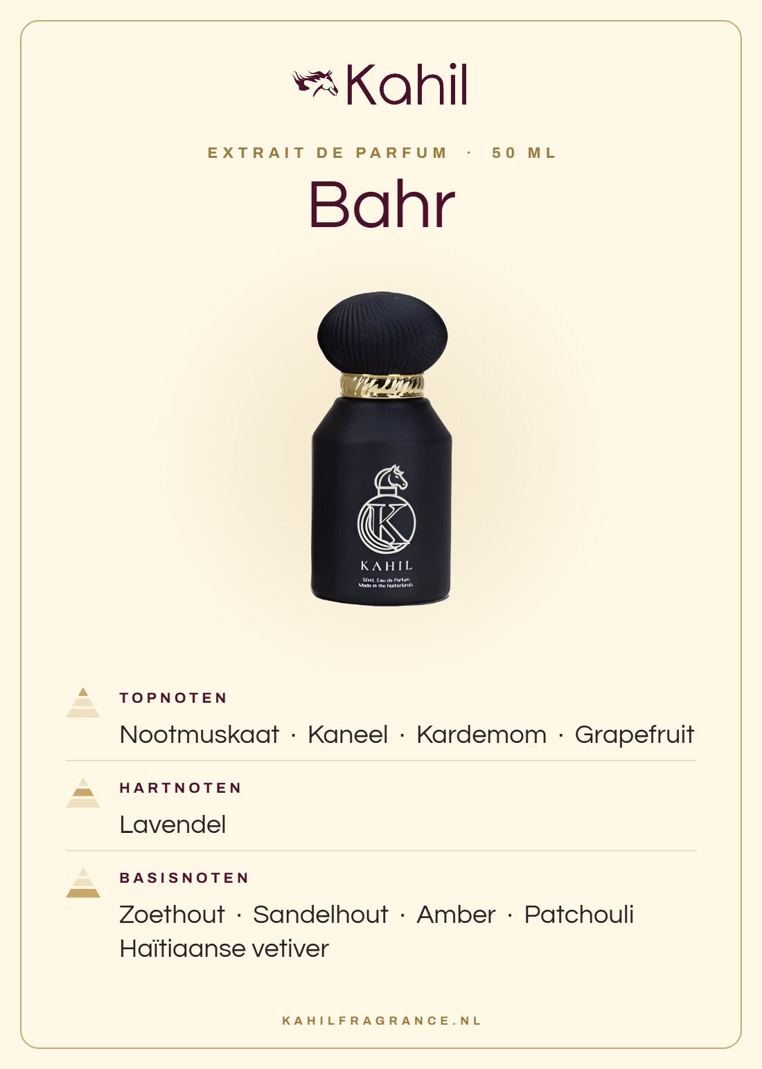 Duftnoten von Kahil Bahr Extrait de Parfum 50 ml: Kopfnoten Muskatnuss, Zimt, Kardamom, Grapefruit; Herznoten Lavendel; Basisnoten Lakritz, Sandelholz, Amber, Patchouli, Haitianisches Vetiver