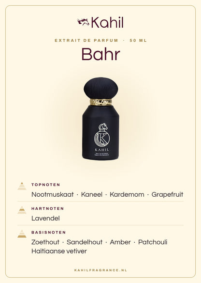 Duftnoten von Kahil Bahr Extrait de Parfum 50 ml: Kopfnoten Muskatnuss, Zimt, Kardamom, Grapefruit; Herznoten Lavendel; Basisnoten Lakritz, Sandelholz, Amber, Patchouli, Haitianisches Vetiver