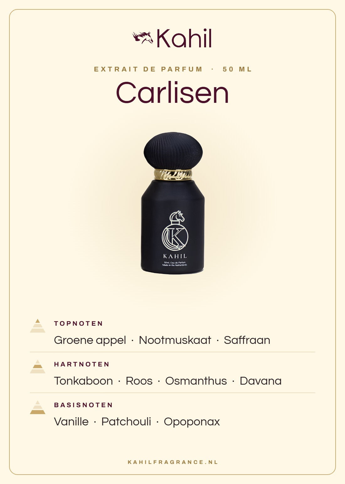 Duftnoten von Kahil Carlisen Extrait de Parfum 50 ml: Kopfnoten Grüner Apfel, Muskatnuss, Safran; Herznoten Tonkabohne, Rose, Osmanthus, Davana; Basisnoten Vanille, Patchouli, Opoponax