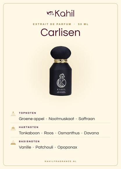 Duftnoten von Kahil Carlisen Extrait de Parfum 50 ml: Kopfnoten Grüner Apfel, Muskatnuss, Safran; Herznoten Tonkabohne, Rose, Osmanthus, Davana; Basisnoten Vanille, Patchouli, Opoponax