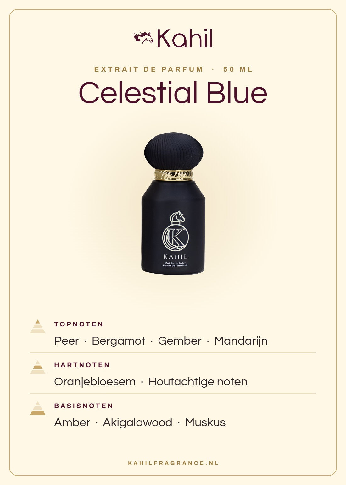Duftnoten von Kahil Celestial Blue Extrait de Parfum 50 ml: Kopfnoten Birne, Bergamotte, Ingwer, Mandarine; Herznoten Orangenblüte, Holzige Noten; Basisnoten Amber, Akigalawood, Moschus