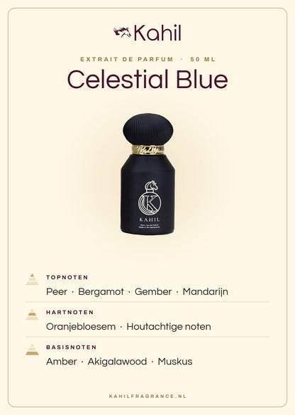 Duftnoten von Kahil Celestial Blue Extrait de Parfum 50 ml: Kopfnoten Birne, Bergamotte, Ingwer, Mandarine; Herznoten Orangenblüte, Holzige Noten; Basisnoten Amber, Akigalawood, Moschus