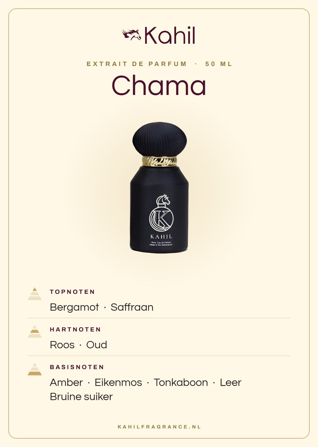 Geurnoten van Kahil Chama Extrait de Parfum 50 ml: topnoten bergamot, saffraan; hartnoten roos, oud; basisnoten amber, eikenmos, tonkaboon, leer, bruine suiker