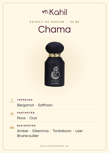 Geurnoten van Kahil Chama Extrait de Parfum 50 ml: topnoten bergamot, saffraan; hartnoten roos, oud; basisnoten amber, eikenmos, tonkaboon, leer, bruine suiker