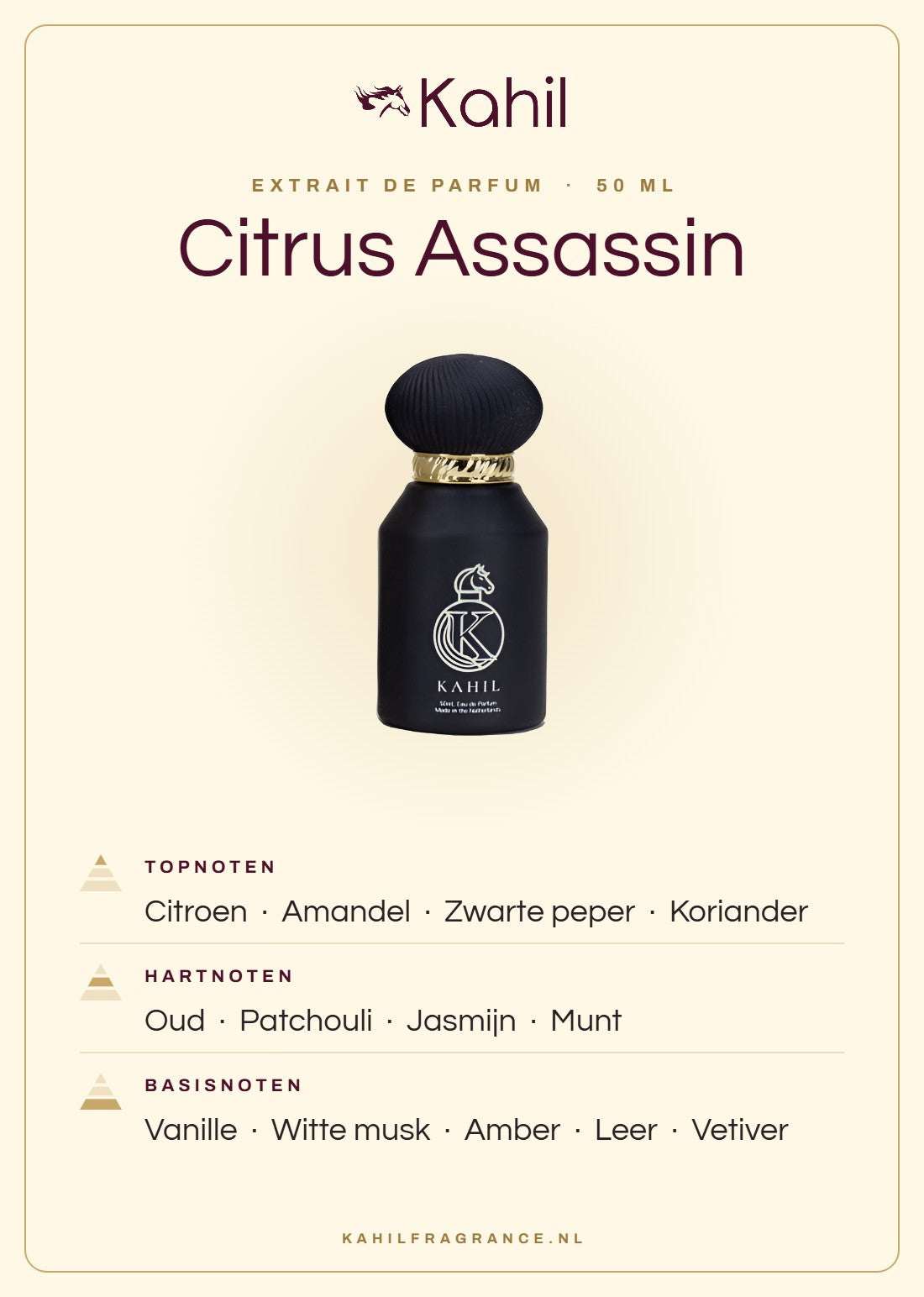 Duftnoten von Kahil Citrus Assassin Extrait de Parfum 50 ml: Kopfnoten Zitrone, Mandel, Schwarzer Pfeffer, Koriander; Herznoten Oud, Patchouli, Jasmin, Minze; Basisnoten Vanille, Weißer Moschus, Amber, Leder, Vetiver