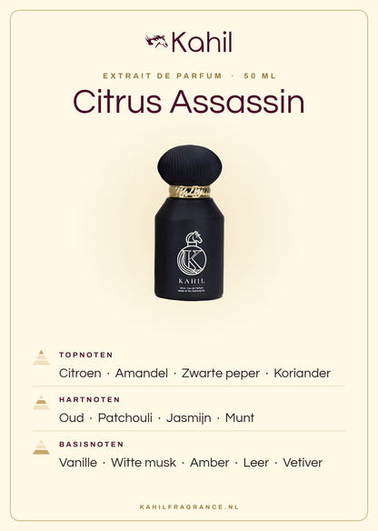 Duftnoten von Kahil Citrus Assassin Extrait de Parfum 50 ml: Kopfnoten Zitrone, Mandel, Schwarzer Pfeffer, Koriander; Herznoten Oud, Patchouli, Jasmin, Minze; Basisnoten Vanille, Weißer Moschus, Amber, Leder, Vetiver
