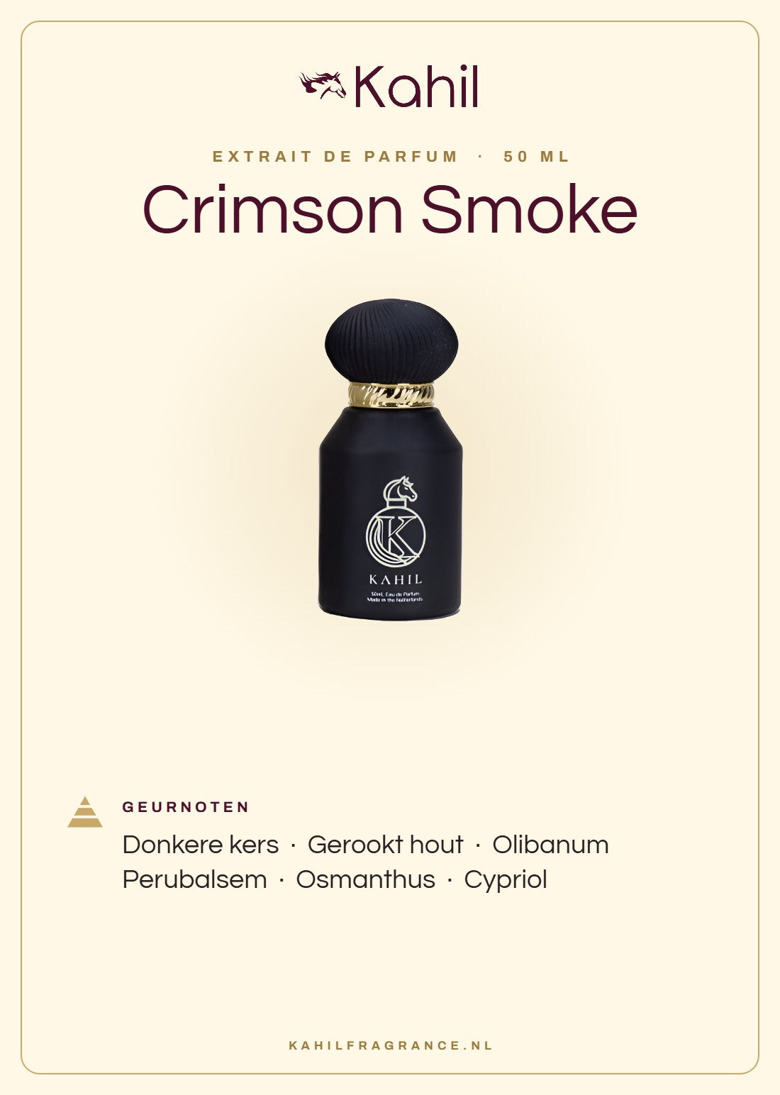 Geurnoten van Kahil Crimson Smoke Extrait de Parfum 50 ml: donkere kers, gerookt hout, olibanum, perubalsem, osmanthus, cypriol