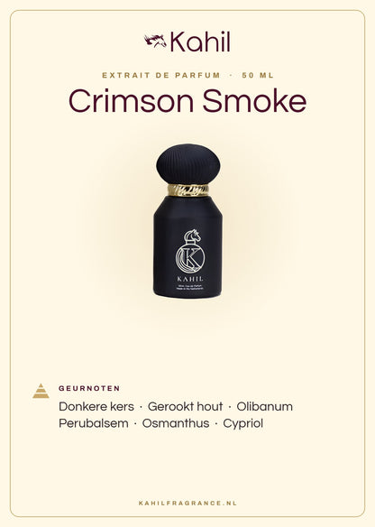 Geurnoten van Kahil Crimson Smoke Extrait de Parfum 50 ml: donkere kers, gerookt hout, olibanum, perubalsem, osmanthus, cypriol