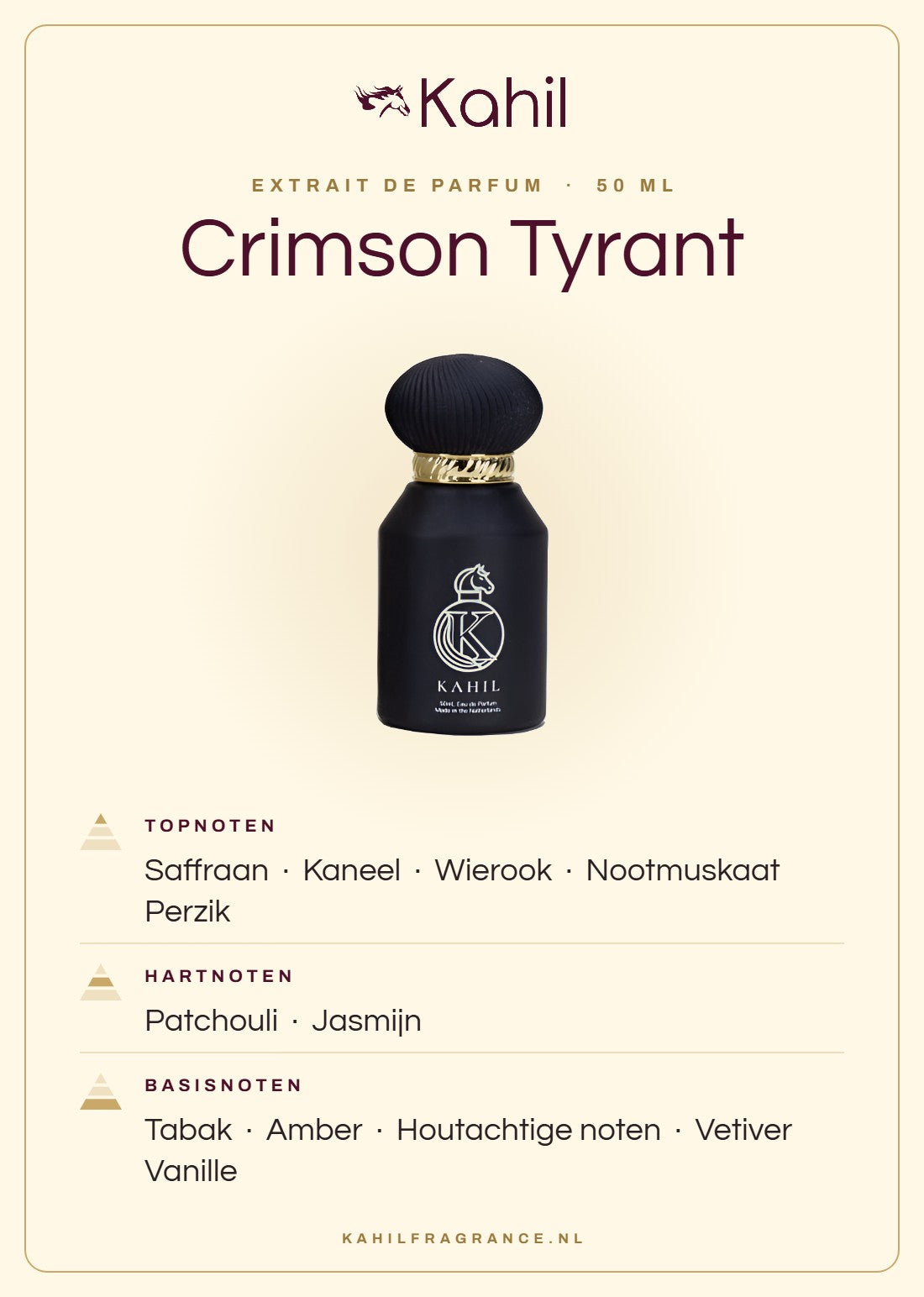 Fragrance notes of Kahil Crimson Tyrant Extrait de Parfum 50 ml: top notes saffron, cinnamon, incense, nutmeg, peach; heart notes patchouli, jasmine; base notes tobacco, amber, woody notes, vetiver, vanilla