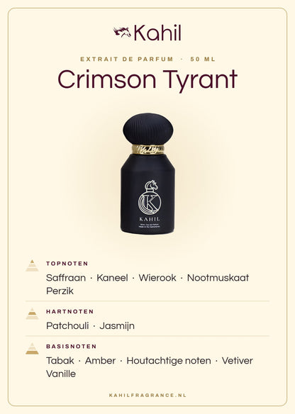 Fragrance notes of Kahil Crimson Tyrant Extrait de Parfum 50 ml: top notes saffron, cinnamon, incense, nutmeg, peach; heart notes patchouli, jasmine; base notes tobacco, amber, woody notes, vetiver, vanilla