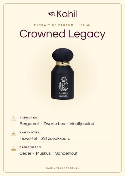 Duftnoten von Kahil Crowned Legacy Extrait de Parfum 50 ml: Kopfnoten Bergamotte, Schwarze Johannisbeere, Veilchenblatt; Herznoten Iriswurzel, Salziger Meeresakkord; Basisnoten Zeder, Moschus, Sandelholz
