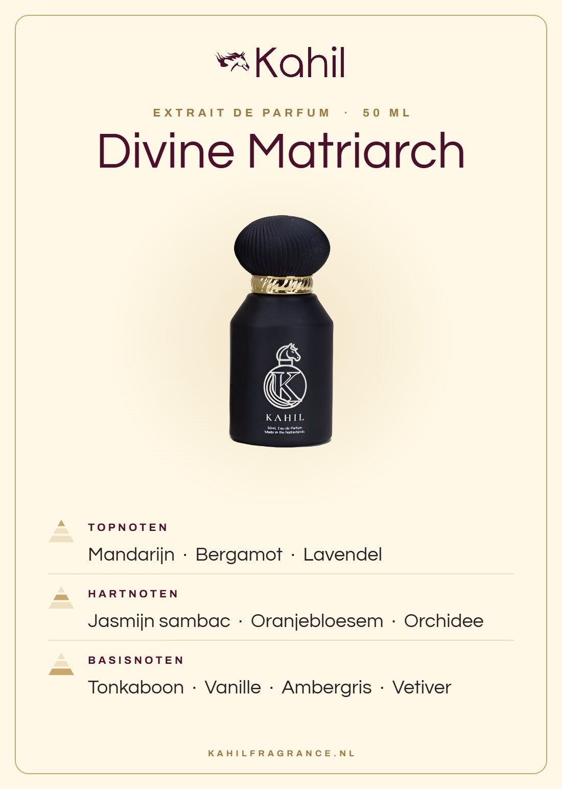 Fragrance notes of Kahil Divine Matriarch Extrait de Parfum 50 ml: top notes mandarin, bergamot, lavender; heart notes jasmine sambac, orange blossom, orchid; base notes tonka bean, vanilla, ambergris, vetiver