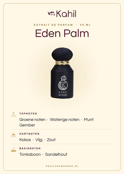 Duftnoten von Kahil Eden Palm Extrait de Parfum 50 ml: Kopfnoten Grüne Noten, Wässrige Noten, Minze, Ingwer; Herznoten Kokosnuss, Feige, Salz; Basisnoten Tonkabohne, Sandelholz