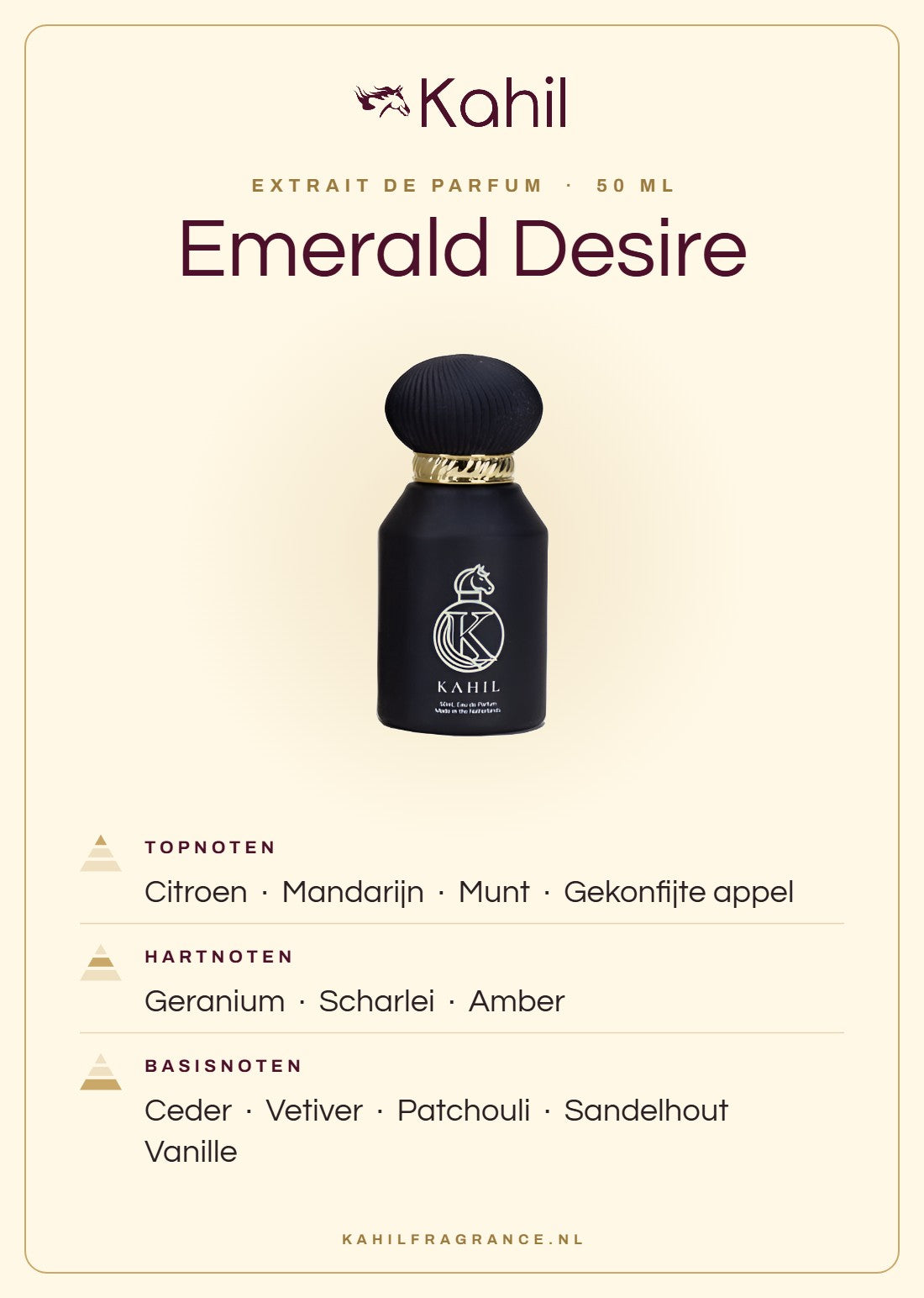 Geurnoten van Kahil Emerald Desire Extrait de Parfum 50 ml: topnoten citroen, mandarijn, munt, gekonfijte appel; hartnoten geranium, scharlei, amber; basisnoten ceder, vetiver, patchouli, sandelhout, vanille