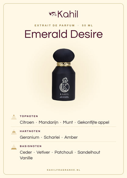 Geurnoten van Kahil Emerald Desire Extrait de Parfum 50 ml: topnoten citroen, mandarijn, munt, gekonfijte appel; hartnoten geranium, scharlei, amber; basisnoten ceder, vetiver, patchouli, sandelhout, vanille