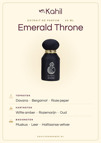 Duftnoten von Kahil Emerald Throne Extrait de Parfum 50 ml: Kopfnoten Davana, Bergamotte, Rosa Pfeffer; Herznoten Weißer Amber, Rosmarin, Oud; Basisnoten Moschus, Leder, Haitianisches Vetiver