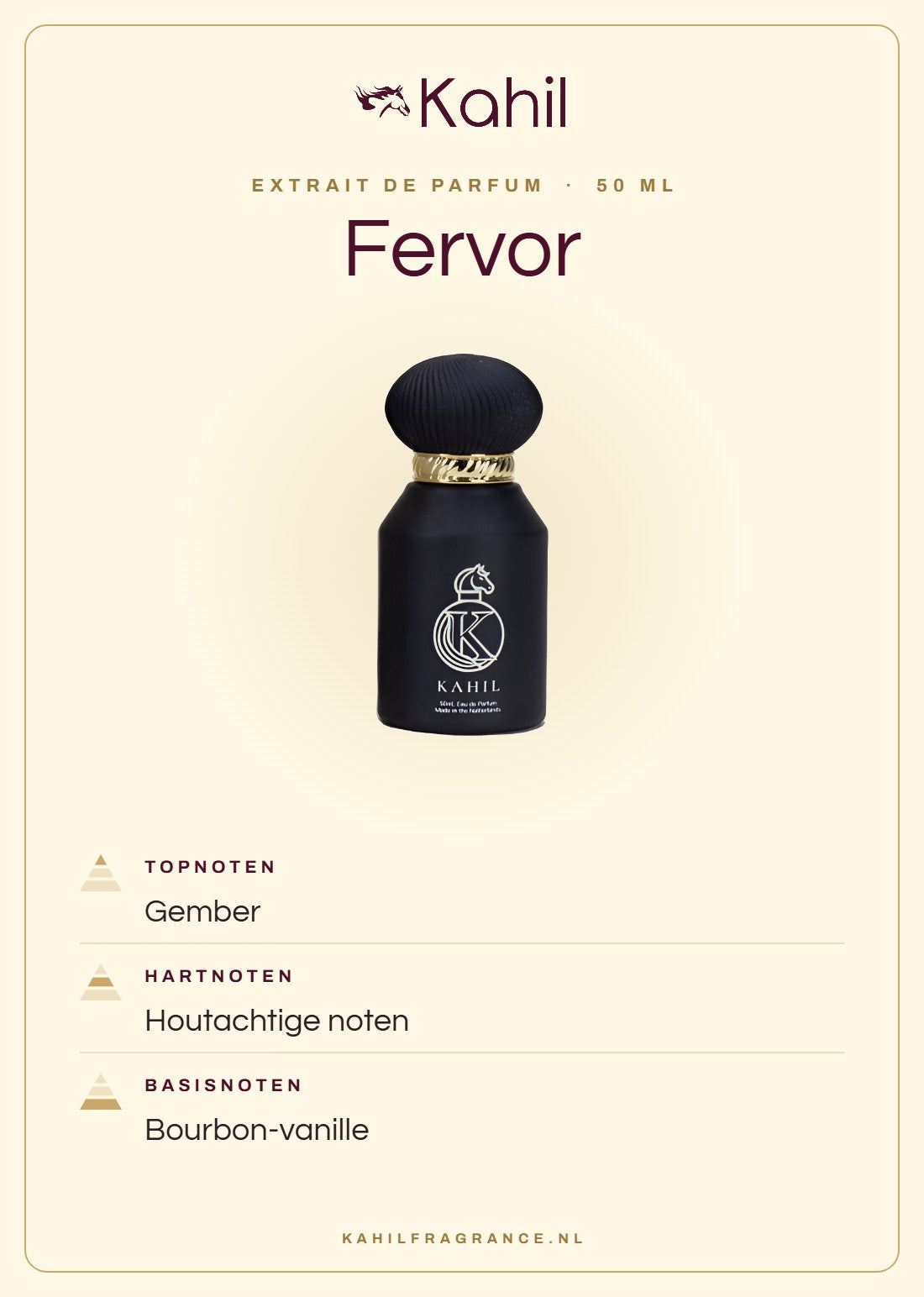 Geurnoten van Kahil Fervor Extrait de Parfum 50 ml: topnoten gember; hartnoten houtachtige noten; basisnoten Bourbon-vanille