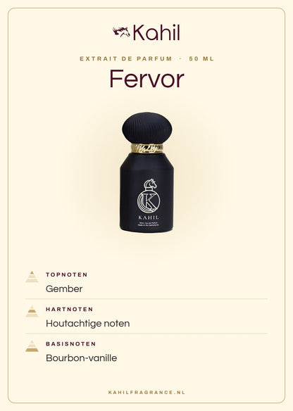 Geurnoten van Kahil Fervor Extrait de Parfum 50 ml: topnoten gember; hartnoten houtachtige noten; basisnoten Bourbon-vanille