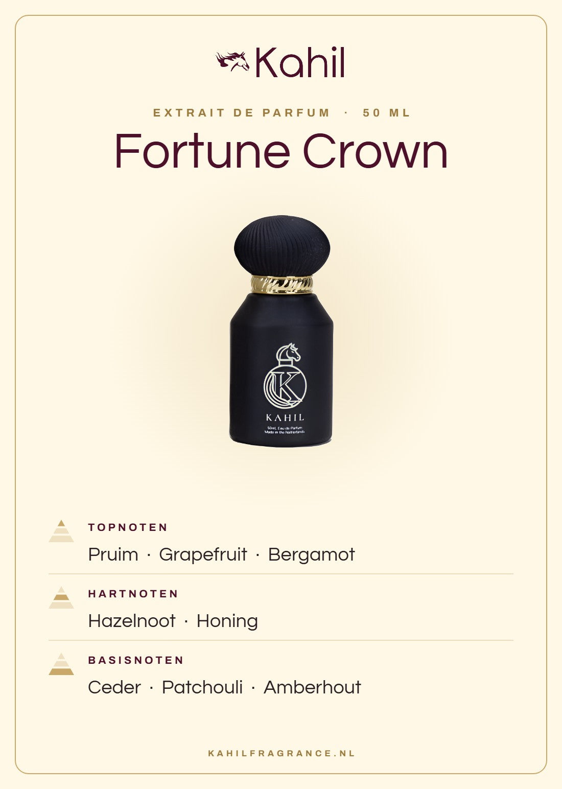 Duftnoten von Kahil Fortune Crown Extrait de Parfum 50 ml: Kopfnoten Pflaume, Grapefruit, Bergamotte; Herznoten Haselnuss, Honig; Basisnoten Zeder, Patchouli, Amberholz