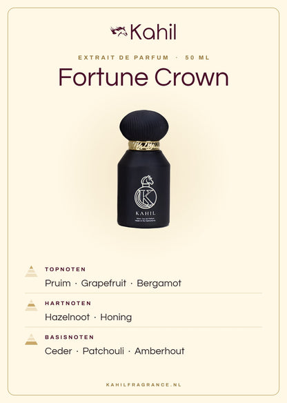 Duftnoten von Kahil Fortune Crown Extrait de Parfum 50 ml: Kopfnoten Pflaume, Grapefruit, Bergamotte; Herznoten Haselnuss, Honig; Basisnoten Zeder, Patchouli, Amberholz