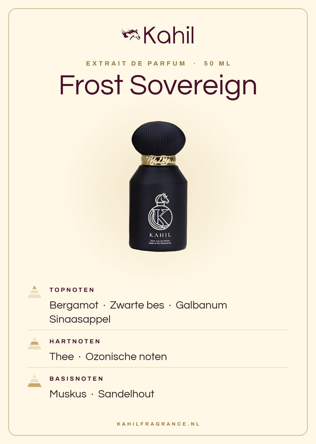 Duftnoten von Kahil Frost Sovereign Extrait de Parfum 50 ml: Kopfnoten Bergamotte, Schwarze Johannisbeere, Galbanum, Orange; Herznoten Tee, Ozonische Noten; Basisnoten Moschus, Sandelholz