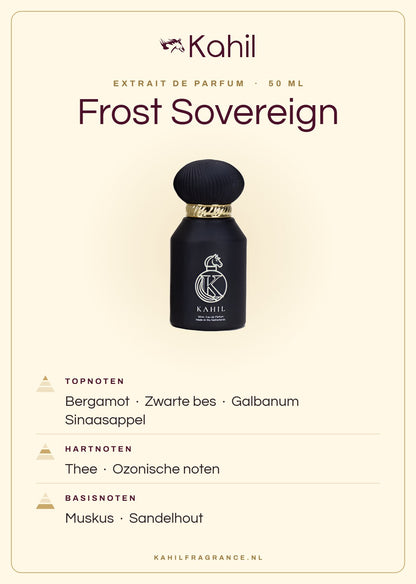 Duftnoten von Kahil Frost Sovereign Extrait de Parfum 50 ml: Kopfnoten Bergamotte, Schwarze Johannisbeere, Galbanum, Orange; Herznoten Tee, Ozonische Noten; Basisnoten Moschus, Sandelholz